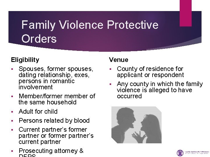 Family Violence Protective Orders Eligibility § Spouses, former spouses, dating relationship, exes, persons in