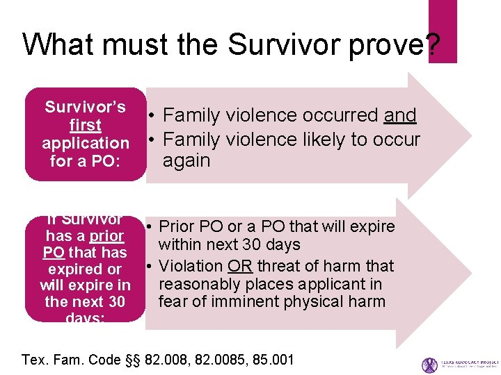  What must the Survivor prove? Survivor’s first application for a PO: • Family