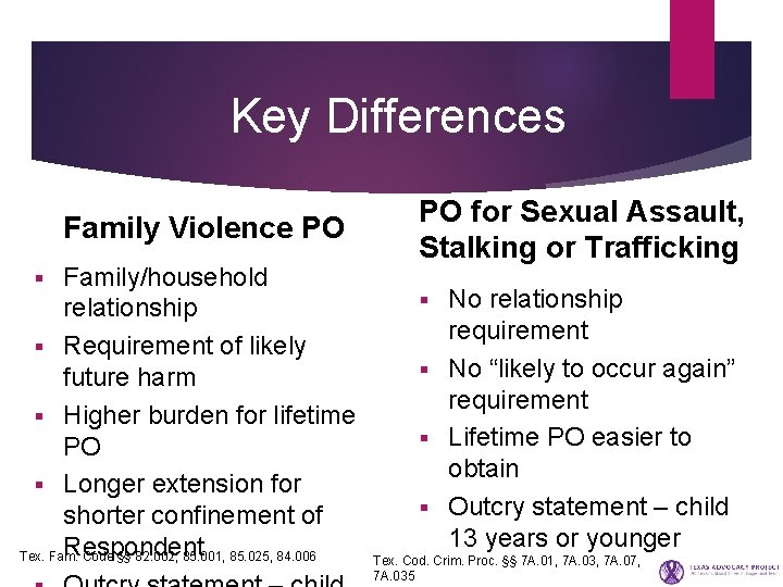 Key Differences Family Violence PO Family/household relationship § Requirement of likely future harm §