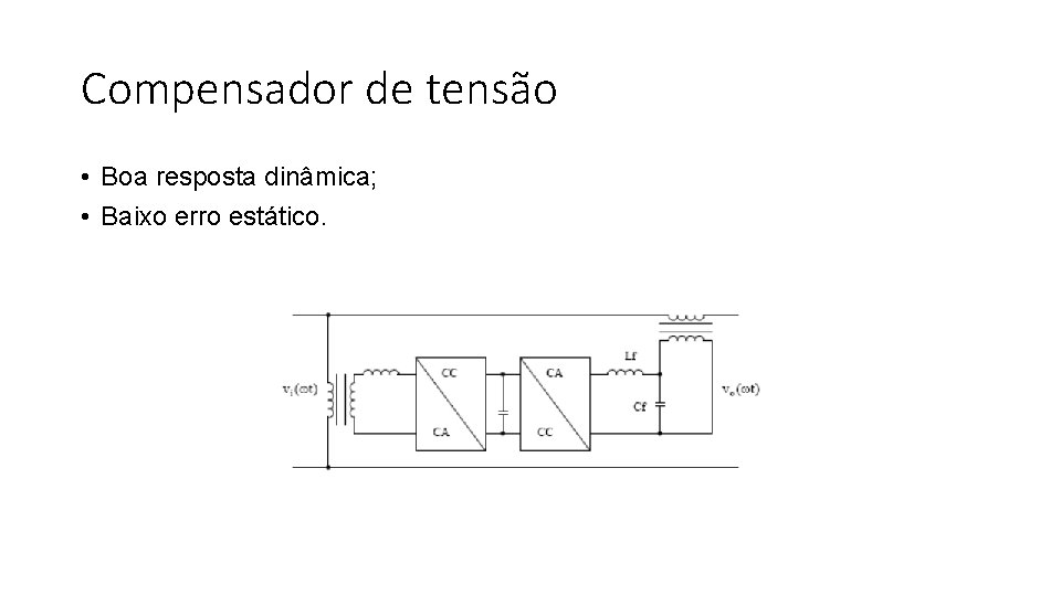 Compensador de tensão • Boa resposta dinâmica; • Baixo erro estático. 