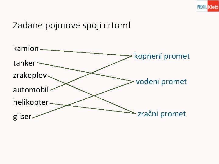 Zadane pojmove spoji crtom! kamion tanker zrakoplov automobil helikopter gliser kopneni promet vodeni promet