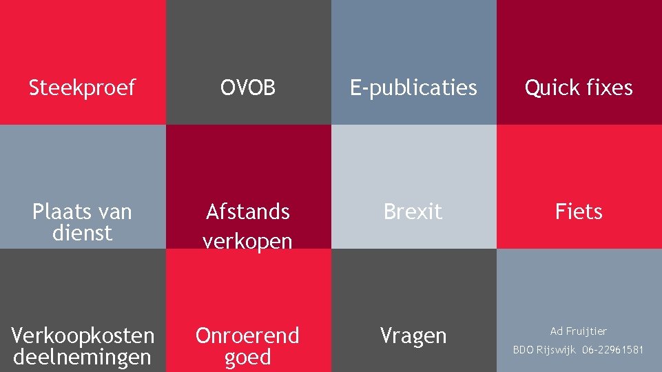 Spoorboekje Steekproef OVOB E-publicaties Quick fixes Plaats van dienst Afstands verkopen Brexit Fiets Verkoopkosten