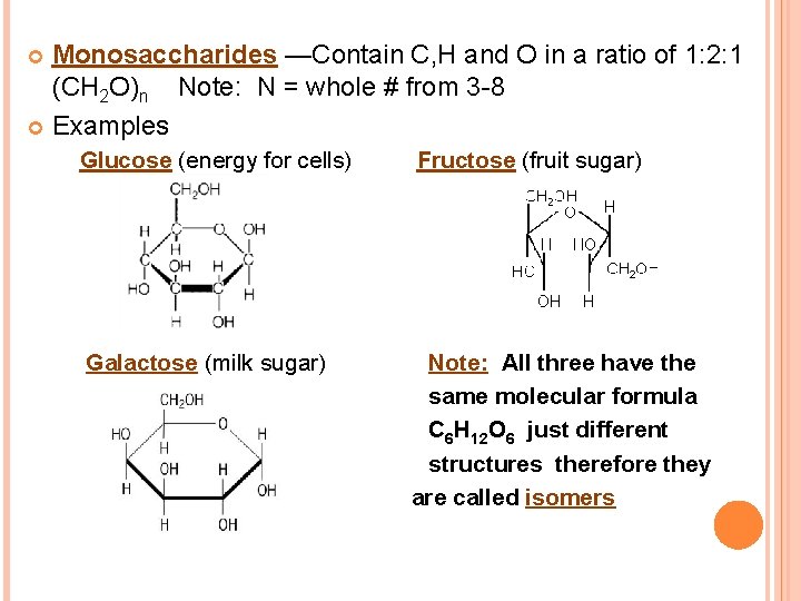 Monosaccharides —Contain C, H and O in a ratio of 1: 2: 1 (CH