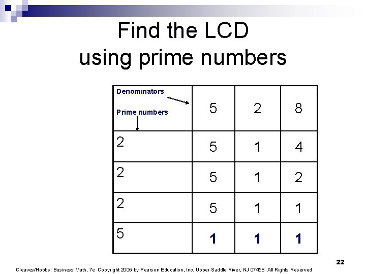 Find the LCD using prime numbers Denominators 5 2 8 2 5 1 4