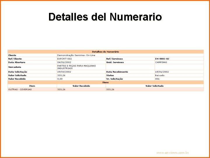 Detalles del Numerario www. servimex. com. br 