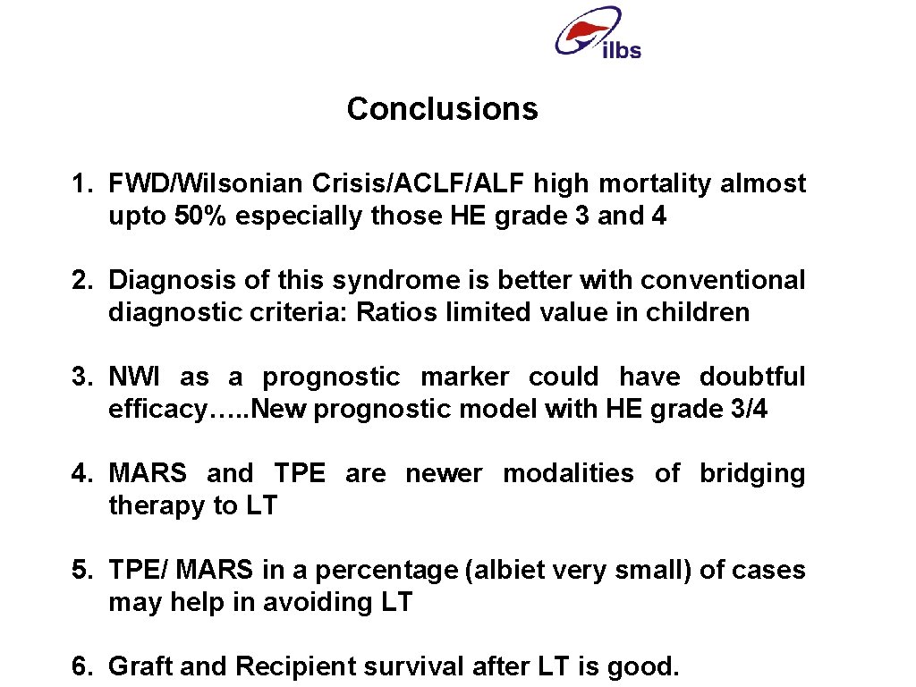 Conclusions 1. FWD/Wilsonian Crisis/ACLF/ALF high mortality almost upto 50% especially those HE grade 3