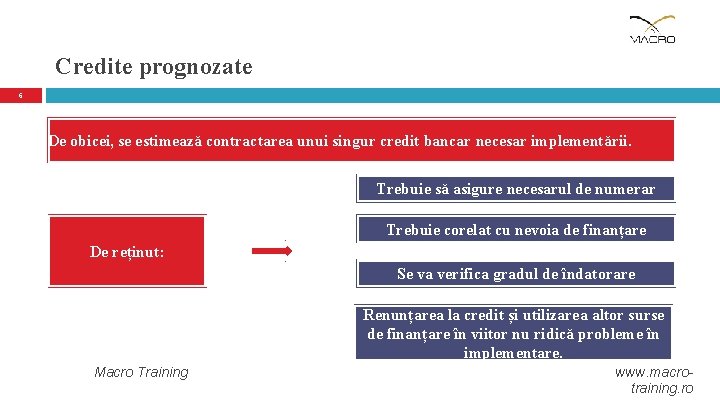 Credite prognozate 6 De obicei, se estimează contractarea unui singur credit bancar necesar implementării. Credite prognozate 6 De obicei, se estimează contractarea unui singur credit bancar necesar implementării.