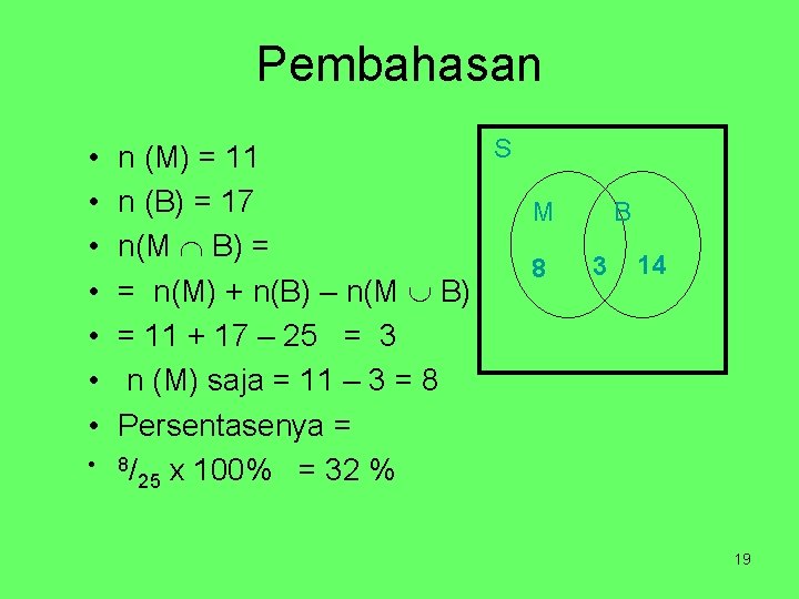 Pembahasan • • S n (M) = 11 n (B) = 17 M n(M