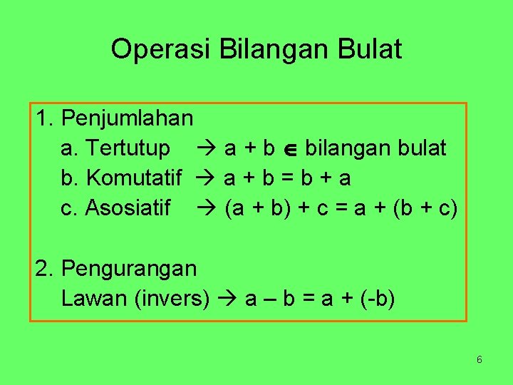 Operasi Bilangan Bulat 1. Penjumlahan a. Tertutup a + b bilangan bulat b. Komutatif