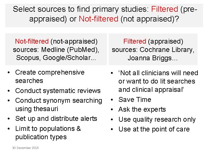 Select sources to find primary studies: Filtered (preappraised) or Not-filtered (not appraised)? Not-filtered (not-appraised)