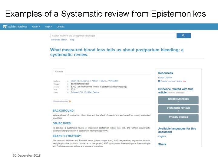 Examples of a Systematic review from Epistemonikos 30 December 2018 