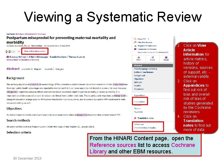 Viewing a Systematic Review 1. View HTML or PDF 2. Click on View Article