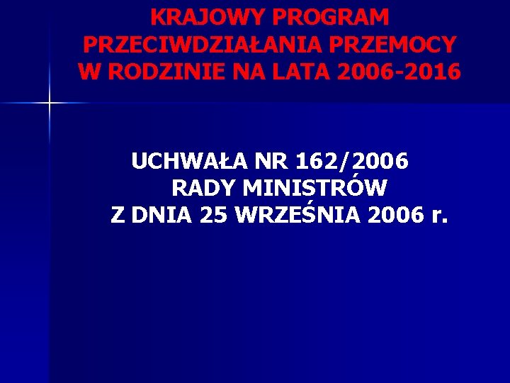 KRAJOWY PROGRAM PRZECIWDZIAŁANIA PRZEMOCY W RODZINIE NA LATA 2006 -2016 UCHWAŁA NR 162/2006 RADY