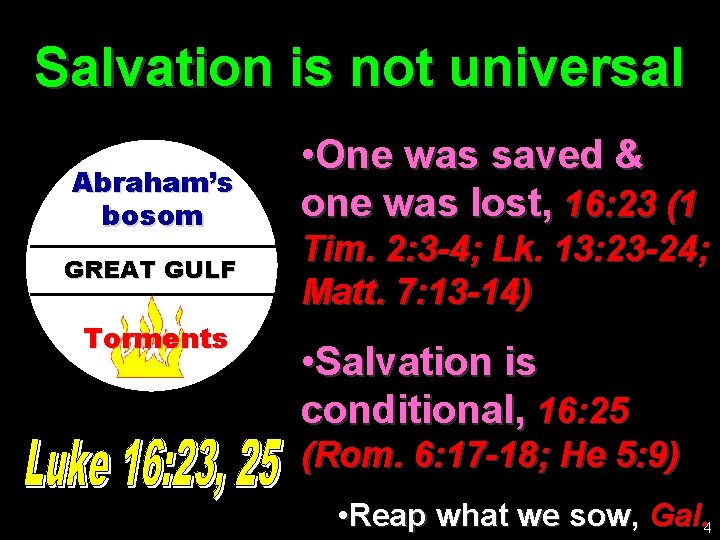 Salvation is not universal Abraham’s bosom GREAT GULF Torments • One was saved &