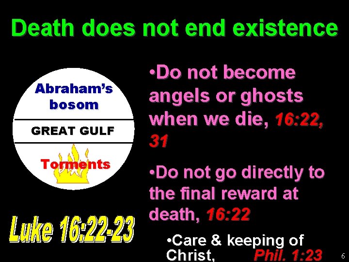 Death does not end existence Abraham’s bosom GREAT GULF Torments • Do not become
