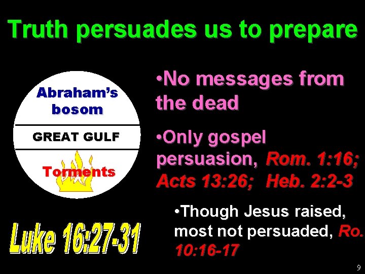Truth persuades us to prepare Abraham’s bosom GREAT GULF Torments • No messages from