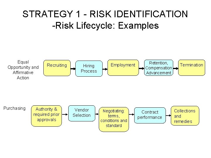 STRATEGY 1 - RISK IDENTIFICATION -Risk Lifecycle: Examples Equal Opportunity and Affirmative Action Purchasing