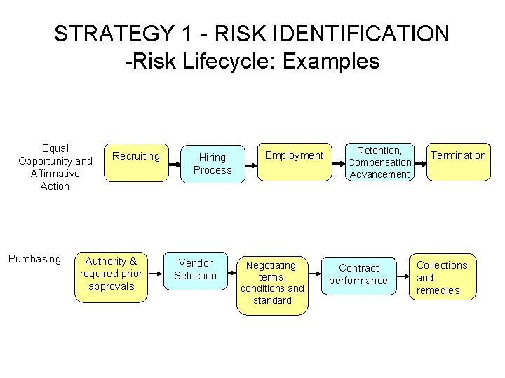 STRATEGY 1 - RISK IDENTIFICATION -Risk Lifecycle: Examples Equal Opportunity and Affirmative Action Purchasing