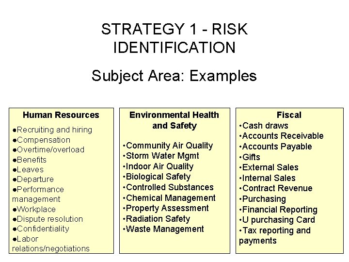 STRATEGY 1 - RISK IDENTIFICATION Subject Area: Examples Human Resources ●Recruiting and hiring ●Compensation