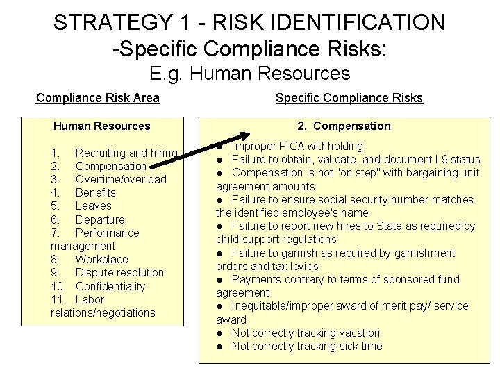 STRATEGY 1 - RISK IDENTIFICATION -Specific Compliance Risks: E. g. Human Resources Compliance Risk