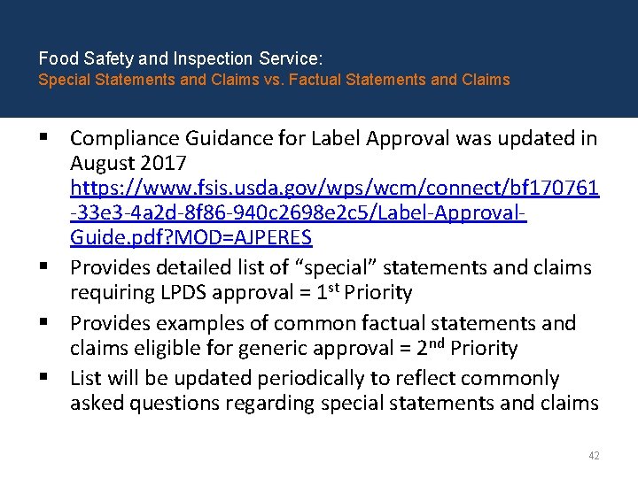 Food Safety and Inspection Service: Special Statements and Claims vs. Factual Statements and Claims