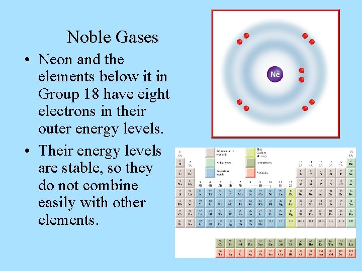 Noble Gases • Neon and the elements below it in Group 18 have eight