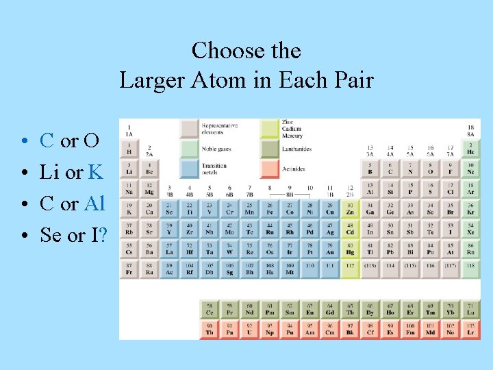 Choose the Larger Atom in Each Pair • • C or O Li or
