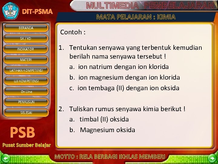 MULTIMEDIA PEMBELAJARAN DIT-PSMA BERANDA MATA PELAJARAN : KIMIA Contoh : SK / KD INDIKATOR