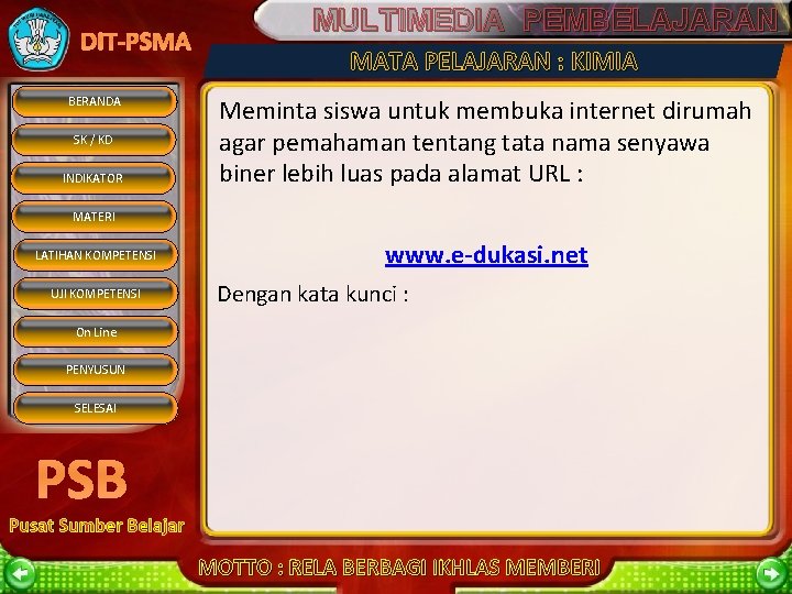 DIT-PSMA BERANDA SK / KD INDIKATOR MULTIMEDIA PEMBELAJARAN MATA PELAJARAN : KIMIA Meminta siswa