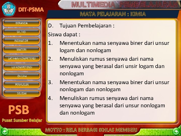 DIT-PSMA BERANDA SK / KD INDIKATOR MATERI LATIHAN KOMPETENSI UJI KOMPETENSI On Line PENYUSUN