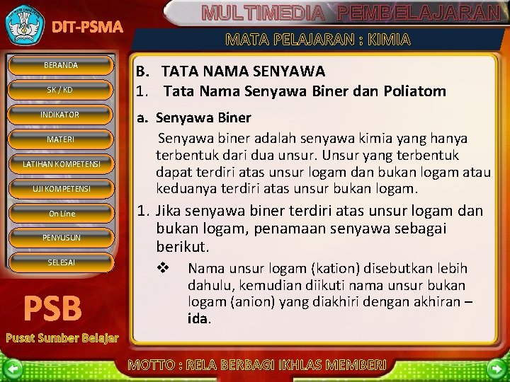 MULTIMEDIA PEMBELAJARAN DIT-PSMA BERANDA SK / KD INDIKATOR MATERI LATIHAN KOMPETENSI UJI KOMPETENSI On