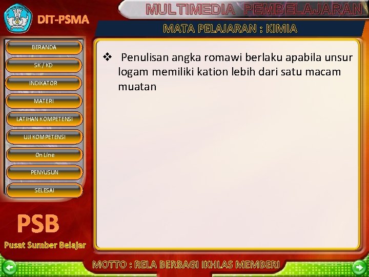 MULTIMEDIA PEMBELAJARAN DIT-PSMA BERANDA SK / KD INDIKATOR MATA PELAJARAN : KIMIA v Penulisan