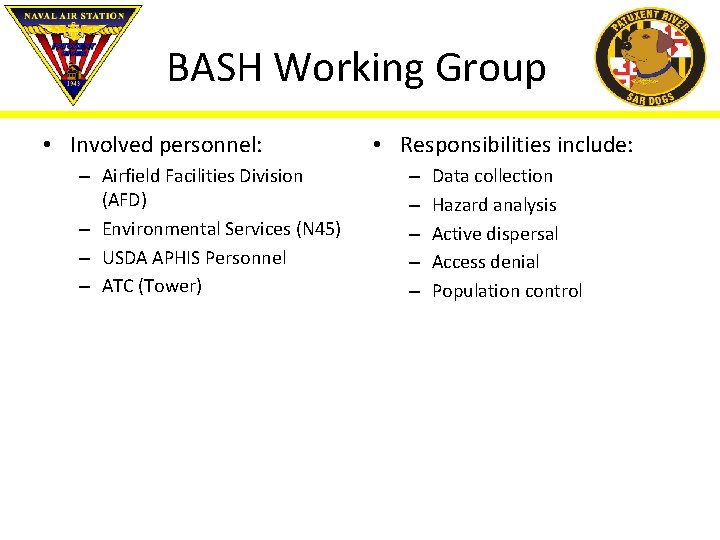 BASH Working Group • Involved personnel: – Airfield Facilities Division (AFD) – Environmental Services