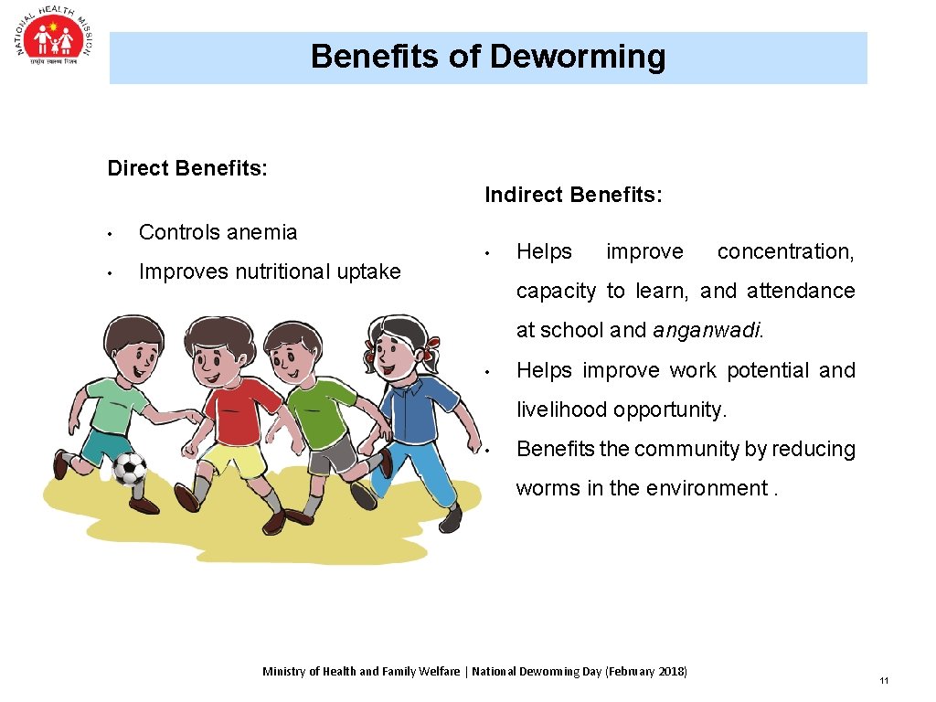 Benefits of Deworming Direct Benefits: Indirect Benefits: • • Controls anemia Improves nutritional uptake