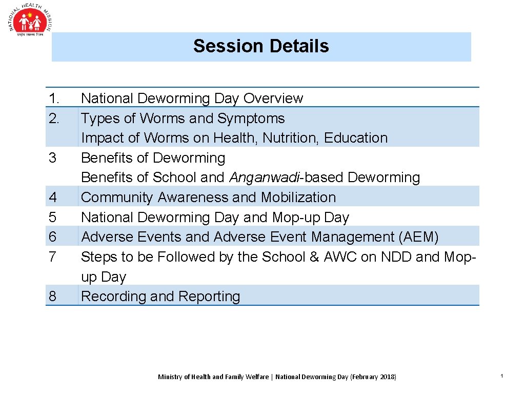 Session Details 1. National Deworming Day Overview 2. Types of Worms and Symptoms Impact