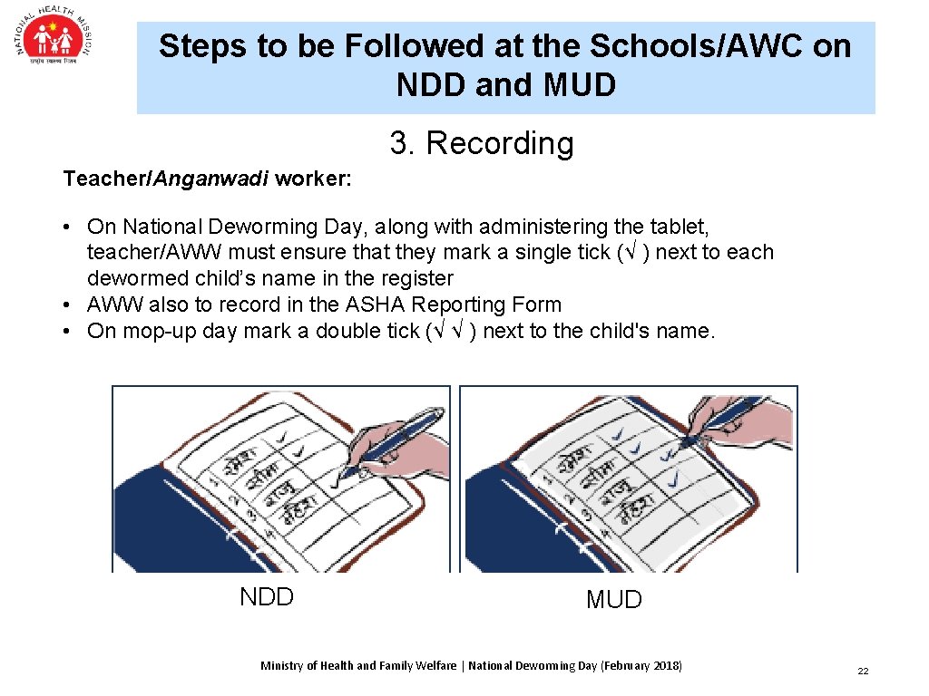 Steps to be Followed at the Schools/AWC on NDD and MUD 3. Recording Teacher/Anganwadi