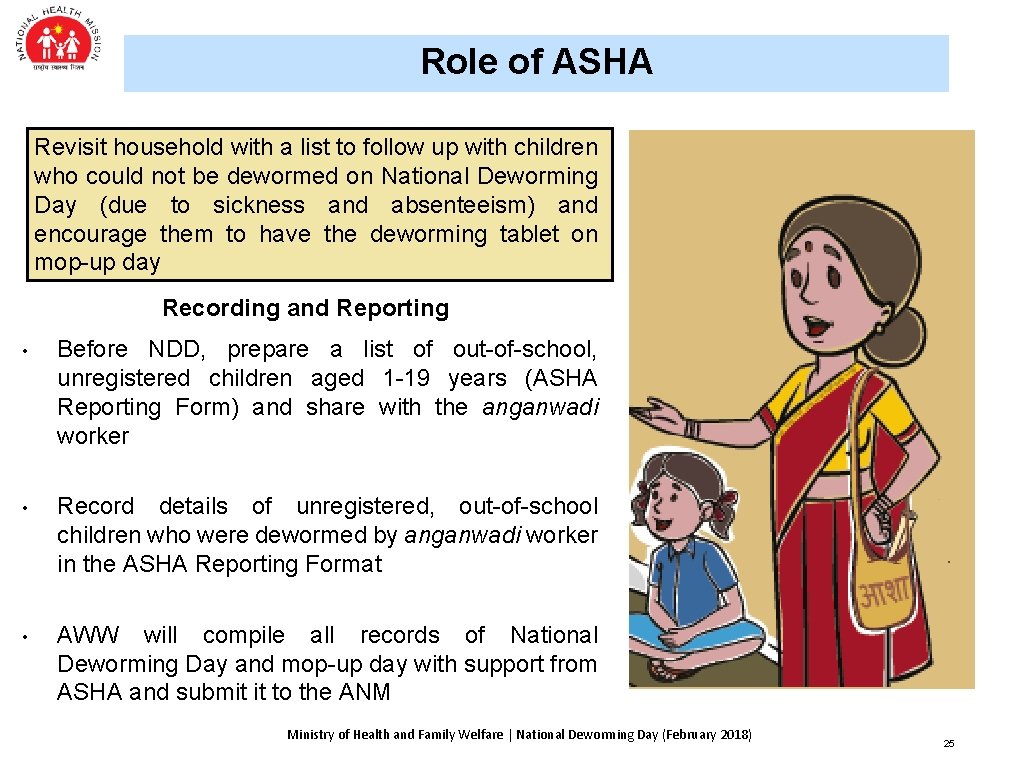 Role of ASHA Revisit household with a list to follow up with children who