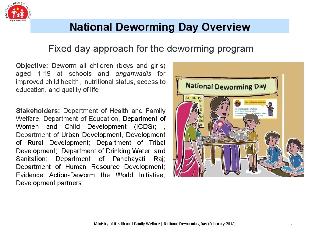 National Deworming Day Overview Fixed day approach for the deworming program Objective: Deworm all