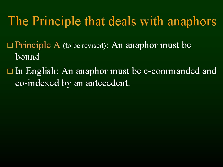 The Principle that deals with anaphors Principle A (to be revised): An anaphor must