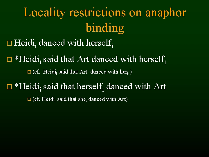 Locality restrictions on anaphor binding Heidii danced with herselfi *Heidii (cf. said that Art