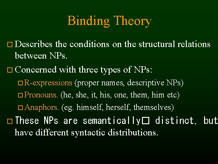 Binding Theory Describes the conditions on the structural relations between NPs. Concerned with three