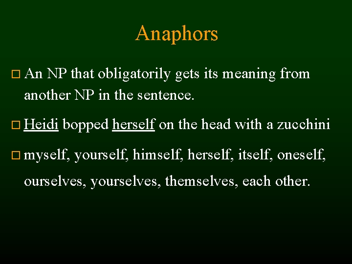 Anaphors An NP that obligatorily gets its meaning from another NP in the sentence.