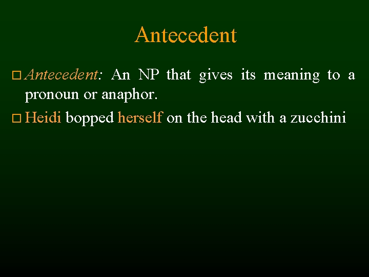 Antecedent Antecedent: An NP that gives its meaning to a pronoun or anaphor. Heidi