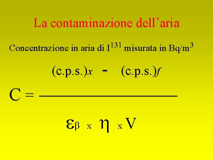 La contaminazione dell’aria Concentrazione in aria di I 131 misurata in Bq/m 3 (c.