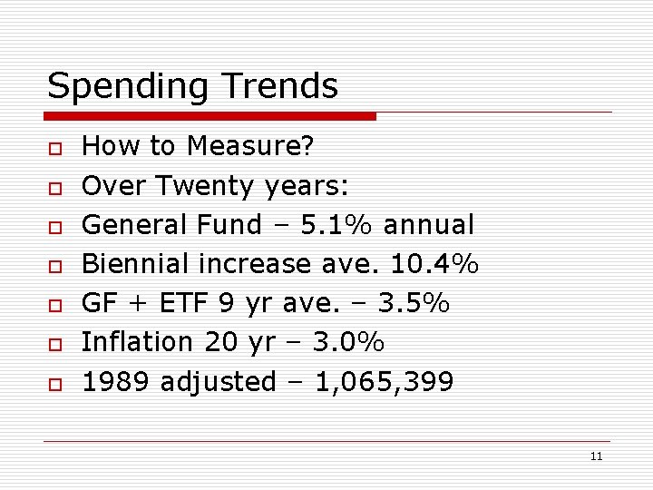 Spending Trends o o o o How to Measure? Over Twenty years: General Fund