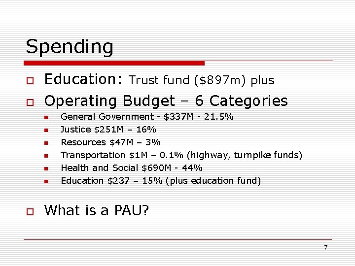 Spending o o Education: Trust fund ($897 m) plus Operating Budget – 6 Categories