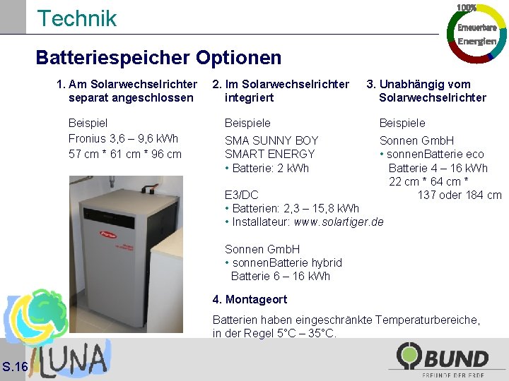 Technik Batteriespeicher Optionen 1. Am Solarwechselrichter separat angeschlossen Beispiel Fronius 3, 6 – 9,