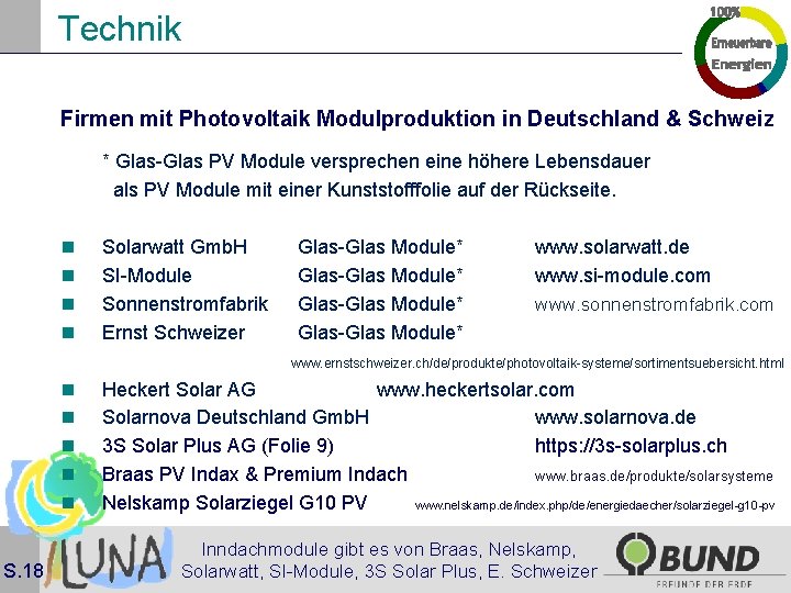 Technik Firmen mit Photovoltaik Modulproduktion in Deutschland & Schweiz * Glas-Glas PV Module versprechen