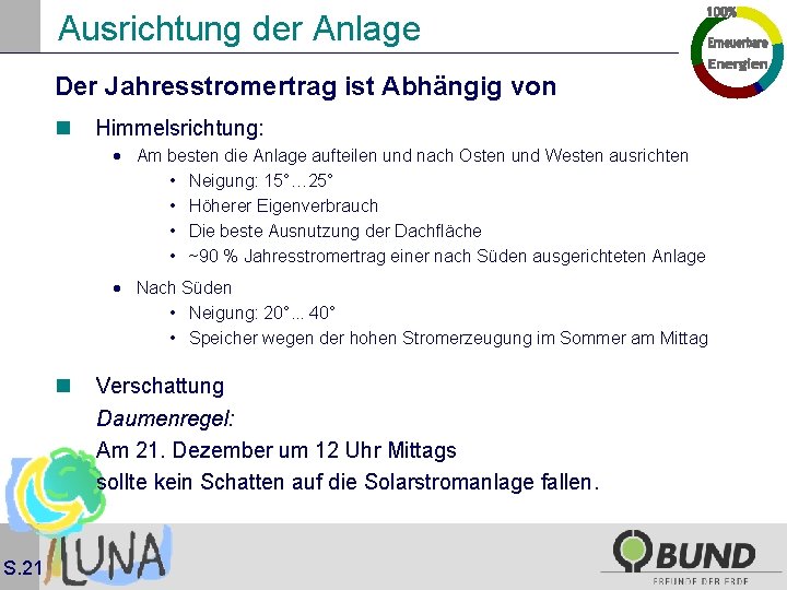 Ausrichtung der Anlage Der Jahresstromertrag ist Abhängig von n Himmelsrichtung: · Am besten die