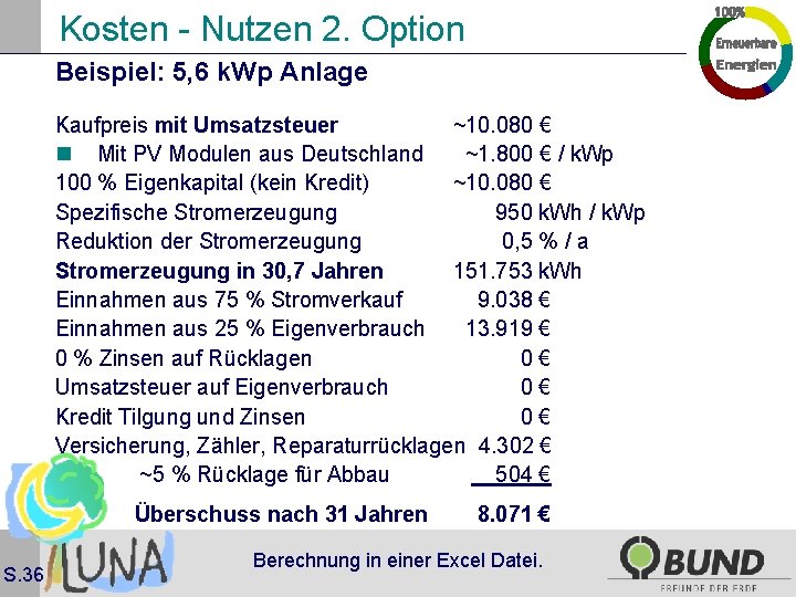 Kosten - Nutzen 2. Option Beispiel: 5, 6 k. Wp Anlage Kaufpreis mit Umsatzsteuer